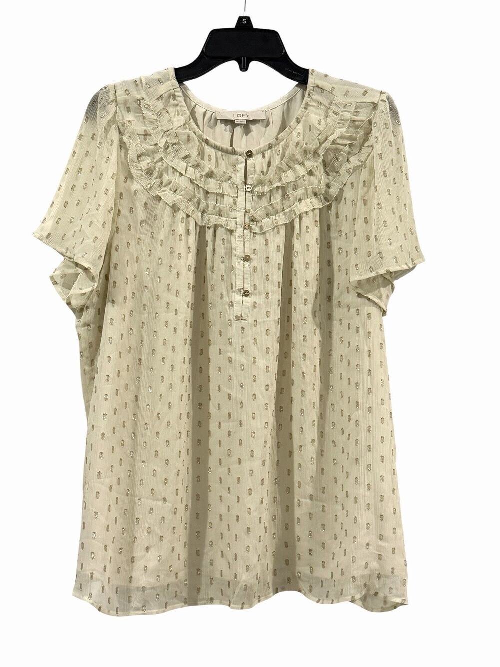 LOFT Cream & Gold Dot Short Sleeve Blouse Women’s XXL Ruffle Collar Peasant